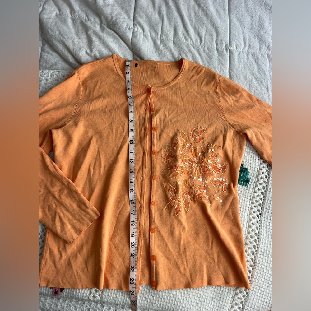 Orange Cardigan with Sequin Floral Design